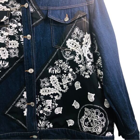 Designer Inspired Medusa Paisley Print Jean Jacket - Picture 5 of 9